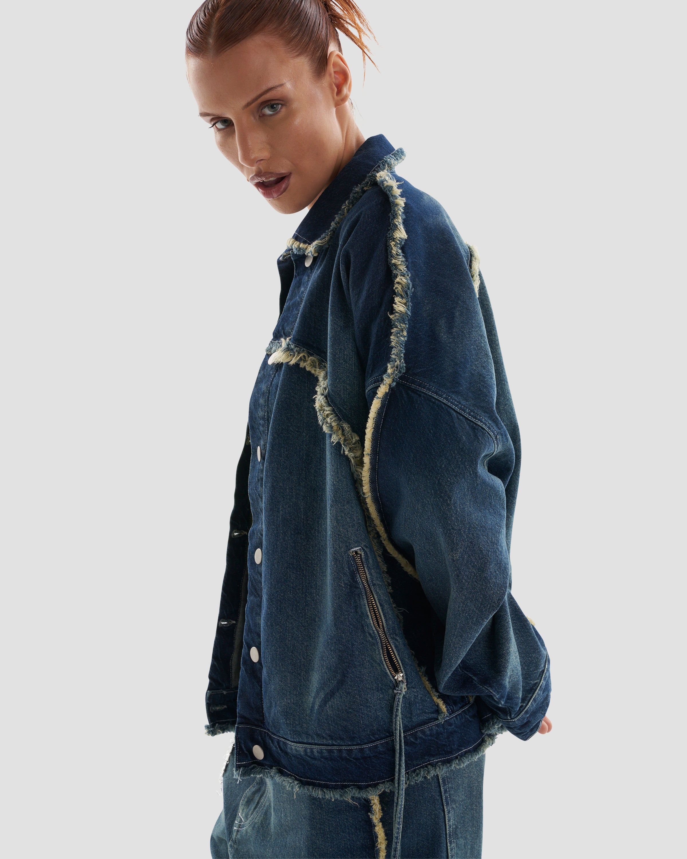 Hedonism Co-Ord Oversized Denim Distressed Jacket with Frayed Seams in Bleached Wash